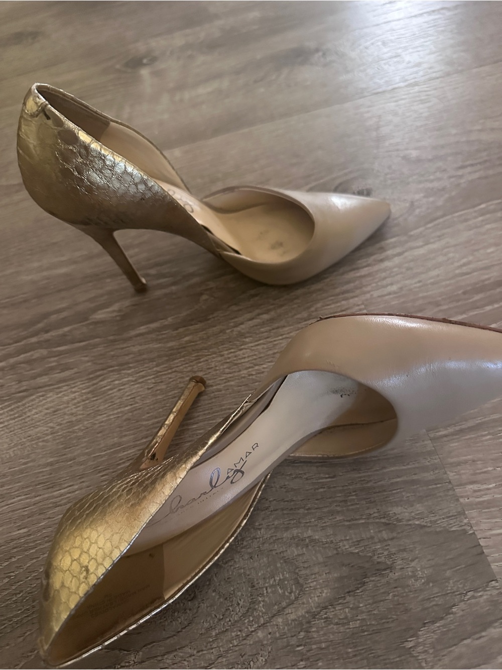 Signature Women's Nude and Gold Pointed-Toe Stiletto Pumps